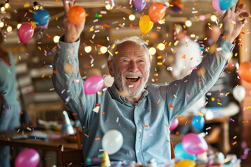 Portrait of a happy senior man having fun during a birthday party - obrazy, fototapety, plakaty