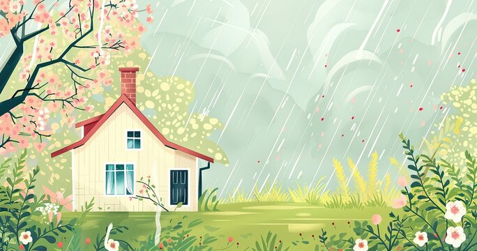 relaxing spring and a house with chimney with some drizzle of rain