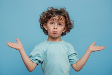 Portrait of confused kid shrugging shoulders,making no idea gesture. I don't know, who cares - obrazy, fototapety, plakaty