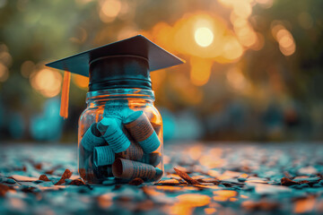 Wisdom jar filled with wishes list topped with graduation cap symbolizing education end. Future and graduation hope - obrazy, fototapety, plakaty