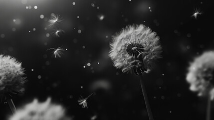 Black and white image of blooming dandelion flying in air. Generative AI - 776373403