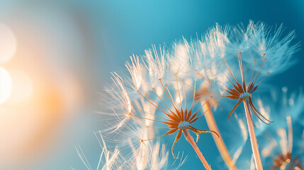 Close up of white head of dandelion flower blooming in summer with blue sky in background. Generative AI - 776373411