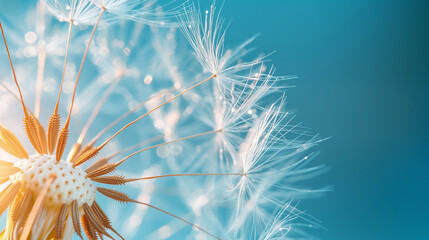 Close up of white head of dandelion flower blooming in summer with blue sky in background. Generative AI