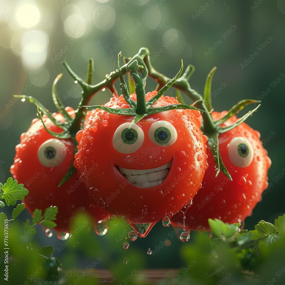 Canvas Prints Three tomatoes with eyes and smiles on them. Generative AI.