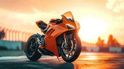 A sporty orange motorcycle stands on the track against the sunset. AI generative.