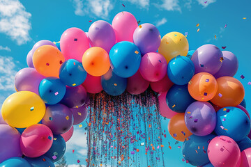 Cluster of colorful balloons against a blue sky, celebration and joy in the air. Festivity, happiness, freedom