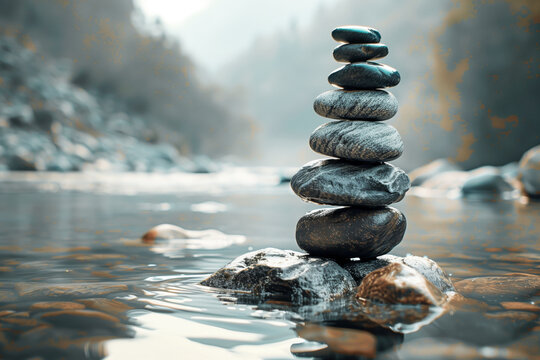 Stack Pile of Zen Stones on River