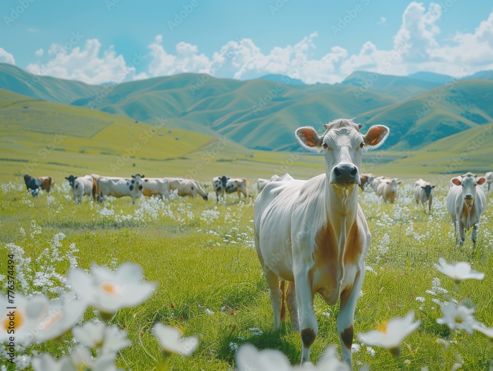 Poster a herd of a herd of cows standing in a field of flowers. generative ai.