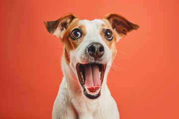 Dog looking surprised, reacting amazed, impressed or scared over solid pink background - obrazy, fototapety, plakaty