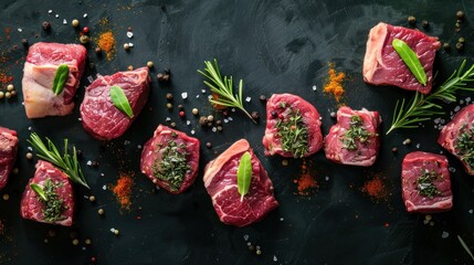 Raw fresh steak meats row with spices ingredients for cooking. AI generated image