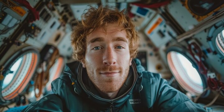 A man with a beard and red hair is in a space station. Generative AI.