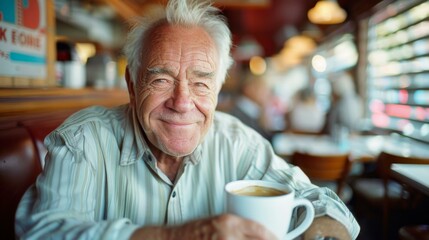 An elderly man smiling while holding a cup of coffee in a restaurant. Generative AI. - Powered by Adobe