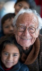An older man with glasses smiling with children in front of him. Generative AI.