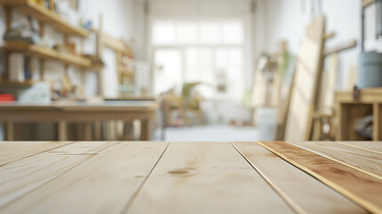 Pine wooden table in a carpentry workshop with a blurred background