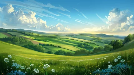 Kussenhoes Illustration green fields or green hills landscape in bright blue sky background. AI generated image © MUCHIB