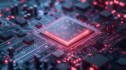 Artificial Intelligence processor unit. Powerful Quantum AI component on PCB motherboard with data transfers