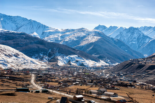 Aerial view of the high mountain village of Fiagdon in North Ossetia