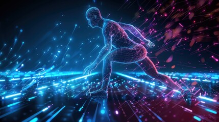 Digital human running athlete with digital wireframe neon light background. AI generated image