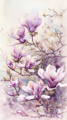 Obraz premium Lilac Magnolia Blossoms, Soft Watercolor Florals in Gentle Hues, Wedding Invitations, Greeting Card, and Delicate Home Decor, Poster, Banner, Space for Text, Birthday, Mother's Day, Design Template