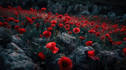 Abstract poppy field, white stones for lost souls, dark to dawn backdrop, symbolizing mourning to resilience.
