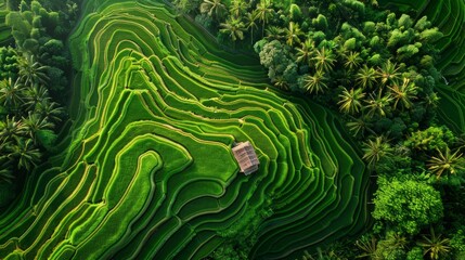 aerial view of an asian ricefield terraces, top down, minimalistic