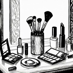 Drawing illustration makeup vanity cosmetic products 