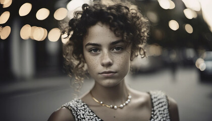 A young girl with feeckles, pearl necklace and curkly hair in the street, ai