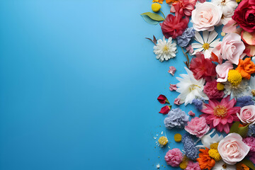 Colorful flowers on blue background with copy space. Flat lay.