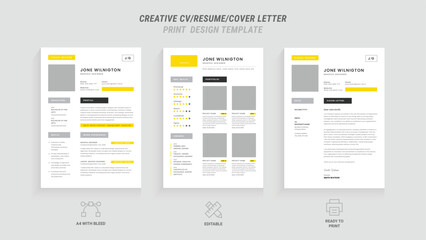 Multipurpose Clean Modern Resume, Cover Letter Design Template with Yellow Header, Ideal for Business Job Applications, Minimalist CV Layout, Vector Graphic for Professional Resume , CV Design