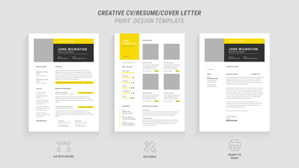 Multipurpose Clean Modern Resume, Cover Letter Design Template with Yellow Header, Ideal for Business Job Applications, Minimalist CV Layout, Vector Graphic for Professional Resume , CV Design