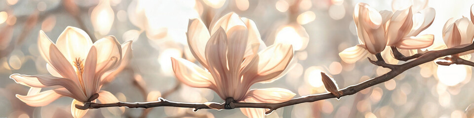 Pink Magnolia Blossoms, Soft Watercolor Florals in Gentle Hues,  Wedding Invitations, Greeting Card, and Delicate Home Decor, Poster, Banner, Space for Text, Birthday, Mother's Day, Design Template