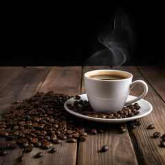 Coffee cup and coffee beans on wooden table