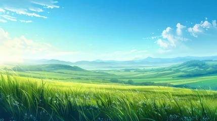 Plexiglas foto achterwand Illustration green fields or green hills landscape in bright blue sky background. AI generated image © MUCHIB