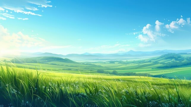 Illustration green fields or green hills landscape in bright blue sky background. AI generated image