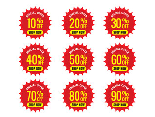 Discount price tag from 10% to 90% set. Special sale offer advertising with price-off label template. Save money with clearance purchase shop product price sticker. Vector illustration