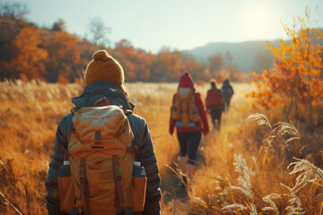 Group of hikers walking on a trail amidst golden autumn foliage during sunset, capturing the essence of fall outdoor activities - obrazy, fototapety, plakaty