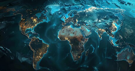 satellite view world map, uhd image, cyan, borders