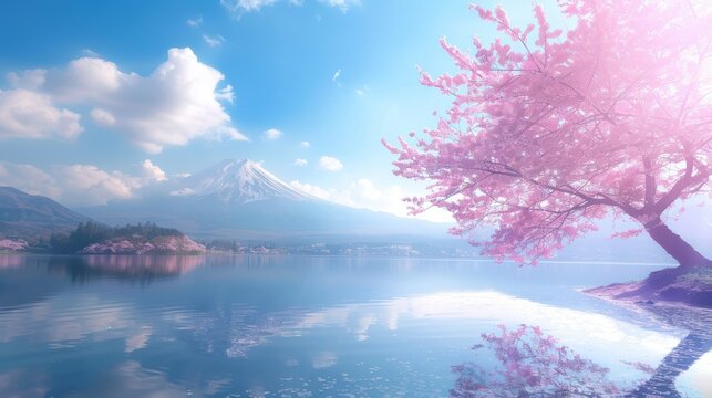 Beautiful mount of Fuji with lake and cherry blossom tree in sunny day landscape. AI generated