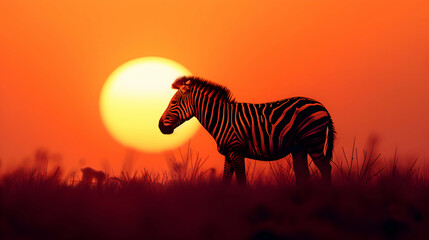 Fototapeta na wymiar Zebra silhouetted against a fiery orange sunset, its distinctive stripes illuminated in the fading light