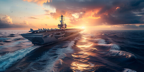 Military aircraft carrier ship sailing on sea - obrazy, fototapety, plakaty