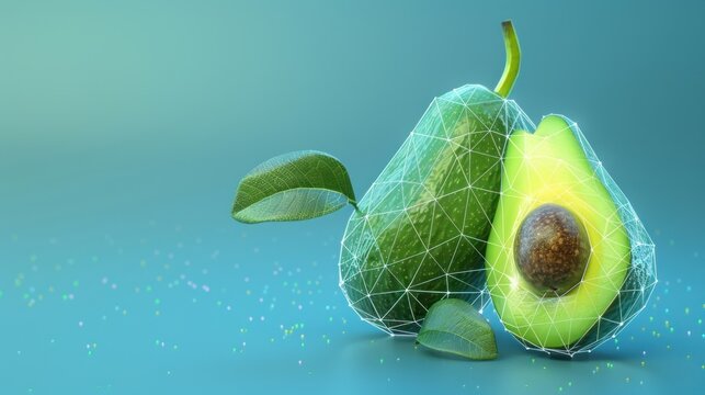 Avocado fruit with polygonal low poly wireframe on blue background. AI generated image