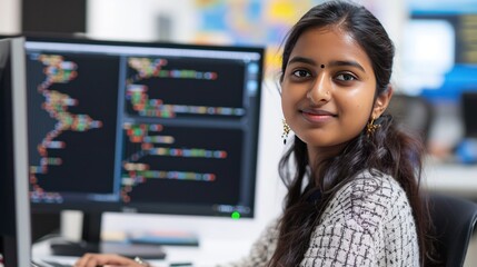 Young female smart Indian IT developer programmer working with laptop in the office. AI generated