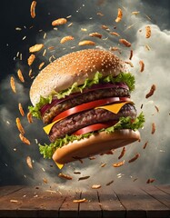 Large hamburger soars through air in whirlwind, showcasing unique and fantastical culinary display