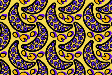 Wild stylish animalistic tropical bananas fruit. Moon. Cheetah skin, fur spots. Seamless vector pattern for design and decoration.