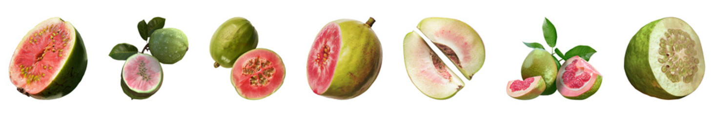 Fresh guava variety showcasing pink and white interiors, a tropical delight for nutritious snacking cut out on transparent background