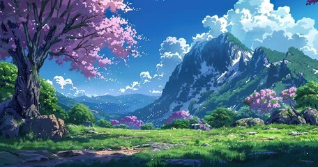 screenshot from an anime, beautiful background - obrazy, fototapety, plakaty
