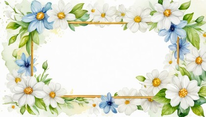 Naklejka na ściany i meble Enhance your message with our watercolor floral frame mockup. Delicate white flowers surround the empty space, awaiting your text or photo