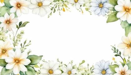 Enhance your message with our watercolor floral frame mockup. Delicate white flowers surround the empty space, awaiting your text or photo