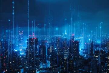 A city skyline at night with glowing blue data streams representing digital connections, symbolizing the era of big technology Generative AI