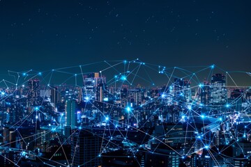 A city skyline at night with blue digital lines connecting buildings, symbolizing technology and connectivity Generative AI